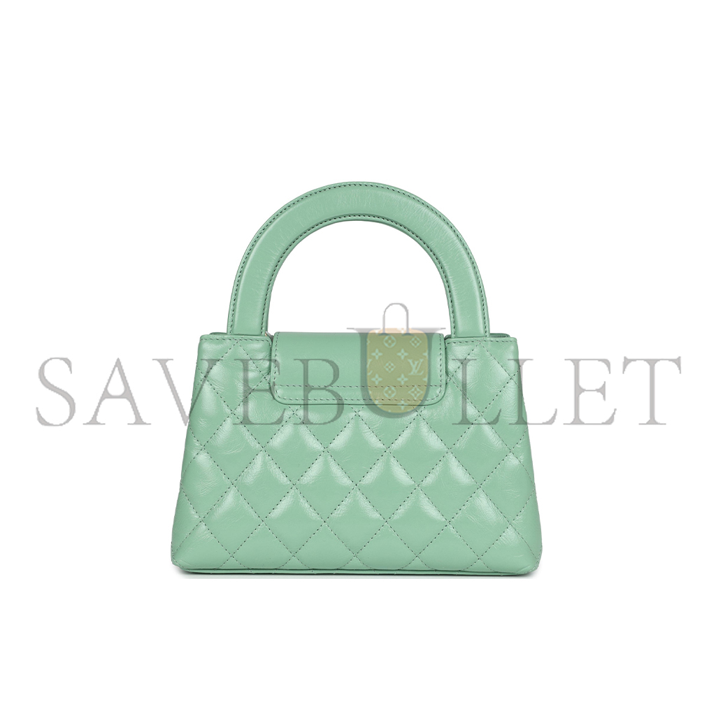 CHANEL MASTER KELLY SHOPPER LIGHT GREEN SHINY CALFSKIN BRUSH GOLD HARDWARE (19*13*7cm)